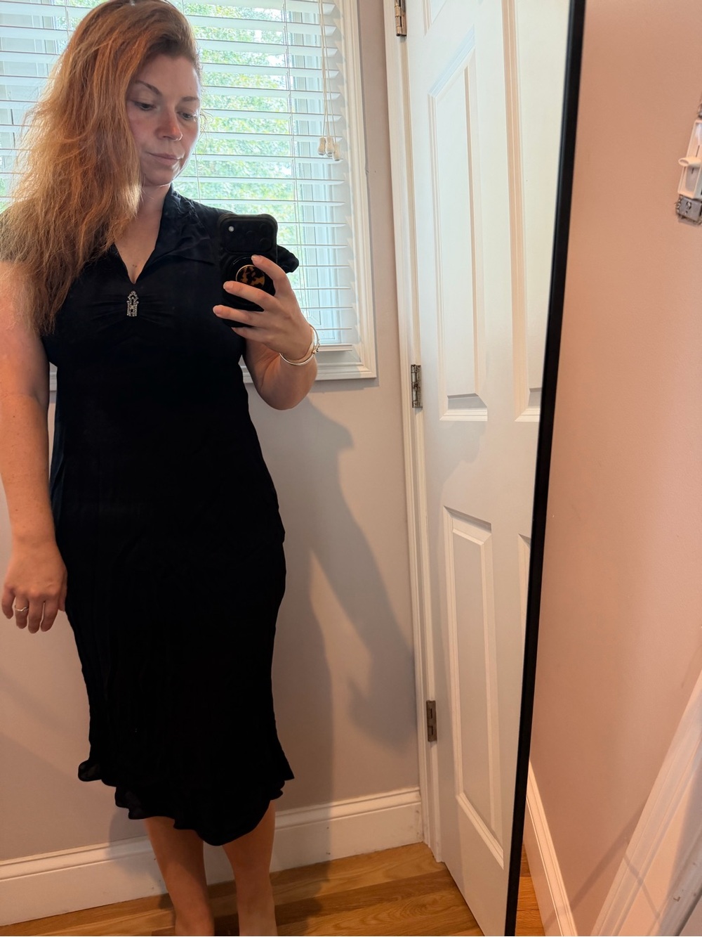 Talbots pure silk navy Dress with Decorative Brooch